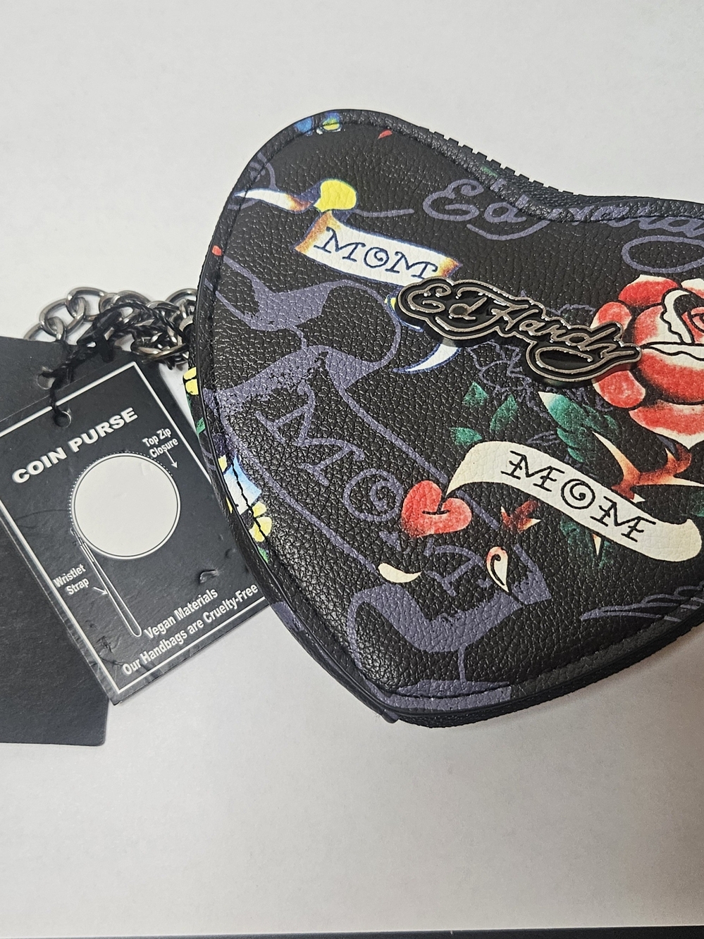 Ed Hardy Black ZA Heart Coin Purse Mom, Bird, Rose & Logo Tattoo + Strap NWT